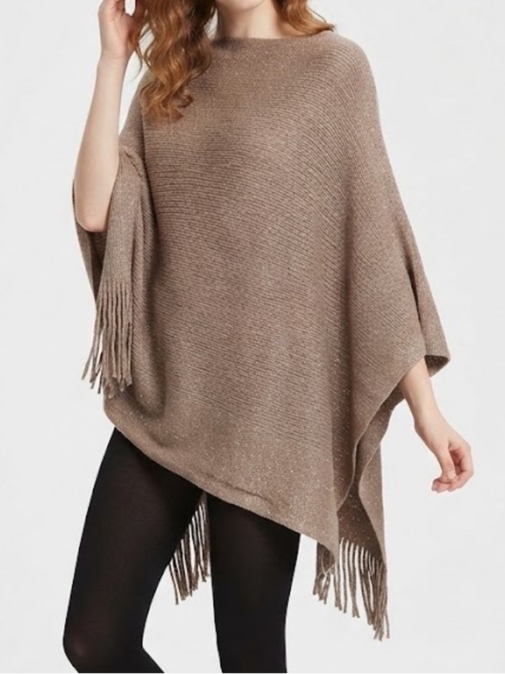 2Chic Women’s Tan Brown Taupe Fringe Knit Poncho One Size